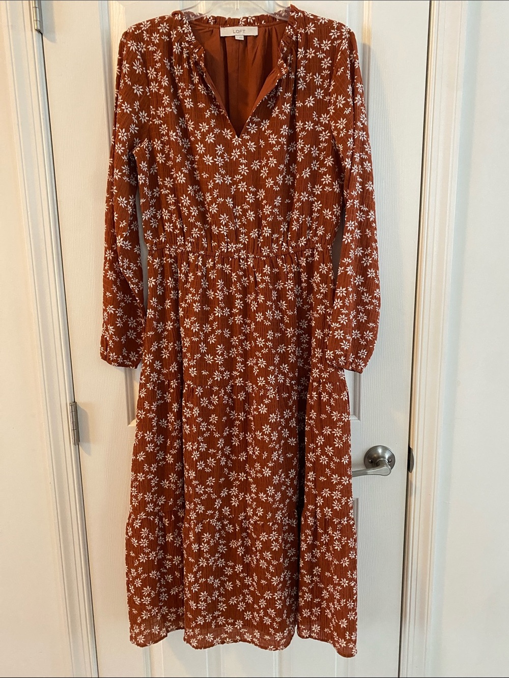 LOFT rust floral tiered long-sleeve midi dress